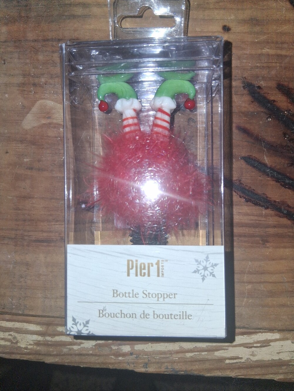 Pier 1 Red Fuzzy Elf Leg Wine Bottle Stopper with Green Shoes